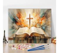 TISHIRON Peinture par numéros Croix chrétienne avec Bible Art d'inspiration religieuse 40,6 x 50,8 cm Décoration pour adultes Kit acrylique