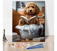 TISHIRON Peinture par numéros pour adultes Animaux de salle de bain Golden Doodle Chien Peinture par numéros Chien dans la baignoire Kit de peinture à l'huile DIY Peint à la main avec 3 pinceaux et