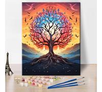 TISHIRON Peinture par numéros pour adultes - Arbre de vie avec volée d'oiseaux - Thérapie naturelle - Kit d'art zen - Méditation - Exercice de pleine conscience - Toile texturée - 40,6 x 50,6 cm