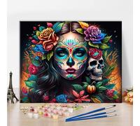 TISHIRON Peinture par numéros pour adultes - Motif tête de mort - Peinture acrylique avec pinceaux - Kit de peinture par numéro - 40,6 x 50,8 cm (sans cadre)
