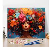 TISHIRON Peinture par numéros pour adultes, peinture par numéro, jeune femme avec des fleurs dans ses cheveux, peinture à l'huile pour adultes, enfants et débutants, portrait d'une fille noire, 40,6 x