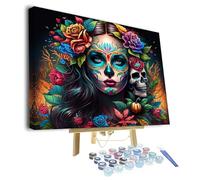 TISHIRON Tête de mort fille peinture par numéros adultes Jour des morts Peinture acrylique avec pinceaux Adulte Peinture par numéros Kits Artisanat pour la maison Toile Cadeaux 40,6 x 50,6 cm (cadre)