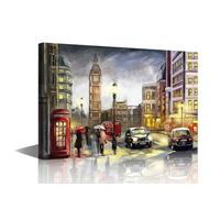 TISHIRON Toile murale avec vue sur rue de Londres, image Big Ben Bus et route, peinture à l'huile pour chambre à coucher, salon, encadrée, prête à accrocher, 40,6 x 61 cm