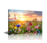 TISHIRON Toile murale encadrée à 5 panneaux - Impressions de fleurs sauvages - Œuvre d'art pour décoration murale d'intérieur - Coucher de soleil et fleur - 40 x 60 cm