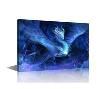 TISHIRON Toile murale encadrée et prête à être accrochée - Œuvre d'art encadrée et prête à être accrochée - Motif dragon de glace bleu - Images de dragon volant - Œuvre d'art moderne pour la