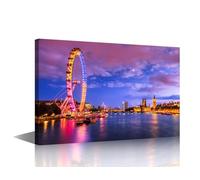 TISHIRON Toile murale encadrée prête à accrocher Motif Londres au crépuscule Big Ben et les maisons du Parlement London Eye County Hall Westminster Bridge 61 x 40,6 cm