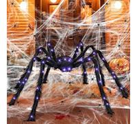 TISMHGKU Araignée Halloween,125 cm LED araignee geante Halloween,Araignée Géante Fausse,20 Petites araignées Noires,60g Toile d'araignée,Halloween Deco pour Jardin Cour Maison Hanté
