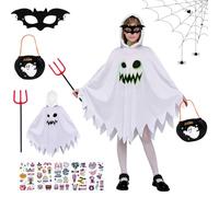 TISMHGKU Déguisement Fantôme Enfant Halloween Lumineux, Costume Fantôme Blanc avec Capuche, Sac Citrouille, Lunettes et Fourche du Diable, Cosplay Garçon Fille pour Halloween, Truc ou Trait (M)