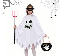 TISMHGKU Déguisement Fantôme Enfant Halloween Lumineux, Costume Fantôme Blanc avec Capuche, Sac Citrouille, Lunettes et Fourche du Diable, Cosplay Garçon Fille pour Halloween, Truc ou Trait (XL)