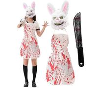 TISMHGKU Halloween Masque Lapin en Peluche Effrayant,avec Masque Effrayant,Tablier Ensanglanté et Faux Couteau,deguisement masque lapin horreur pour Halloween Carnaval Déguisées Cosplay Mascarade