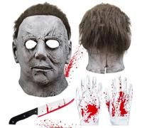 TISMHGKU Masque Michael Myers Halloween, Masque Complet en Latex Réaliste avec Cheveux, Masque Horreur pour Halloween avec Faux Couteau et Gants, pour Cosplay, Carnaval et Soirées à Thème Horreur