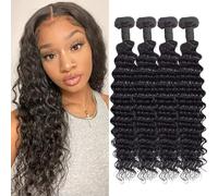 Tissage Bouclé Naturel Cheveux Humain Deep Wave Curly Meches Tissage Bresilien Cheveux Humains Naturels Vierges Unprocessed Weave Human Hair Extensions Bundles Noir Naturel 14 16 18 20 Pouces 280g