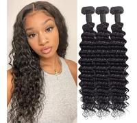 Tissage Bouclé Naturel Deep Wave Curly Naturels Cheveux Humain Meches Tissage Bresilien en lot Cheveux Humains Vierges Unprocessed Weave Human Hair Extensions Bundles Noir Naturel 16 16 16 Pouces 210g