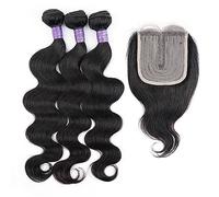 Tissage Cheveux Humain 3 faisceaux avec fermeture dentelle transparente vague de corps couleur noire naturelle extension de tissage de cheveux humains 200 g/ensemble Human Hair Bundles - Extensions de