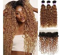 Tissage Cheveux Humain Bundles de vague d'eau avec frontale 13x4 Ombre cheveux colorés blonds 3 faisceaux avec fermeture Extensions de cheveux humains Remy brésiliens Human Hair Bundles - Extensions d