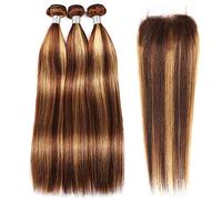 Tissage Cheveux Humain Faisceaux de cheveux humains droits en surbrillance avec fermeture à lacet 4x4 HD pré-plumé P4/27 couleur extension de cheveux Remy péruviens 220g/ensemble Human Hair Bundles -