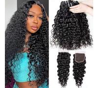 Tissage Cheveux Humain Naturel Water Wave Bundles with Closure Beam 10A Brazilian Curly Human Hair Bundles 100% non traité Remy cheveux humains tressé trame tressé noir 14 16 18+12 Pouces