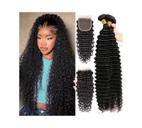 Tissage Cheveux Naturels Lot de 3 extensions de cheveux brésiliens vierges ondulés avec fermeture 4x4, cheveux humains bouclés Remy, avec partie libre et fermeture en dentelle. Extensions Cheveux Huma