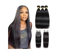 Tissage Cheveux Naturels Lot de 3 mèches de cheveux humains lisses avec fermeture, double trame, cheveux brésiliens vierges, avec fermeture 10x10, pré-épilés avec des cheveux de bébé. Extensions Cheve