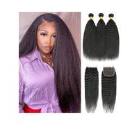 Tissage Cheveux Naturels Mèches de cheveux humains crépus lisses de 20 à 76 cm avec fermeture en dentelle 10 x 10 cm Extensions Cheveux Humains(12 12 12+Closure10)