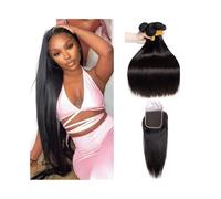 Tissage en lot de cheveux humains for femmes, couleur naturelle, cheveux brésiliens raides de 12 à 26 pouces avec fermeture en dentelle 4x4, partie libre(14 14 14+Closure12)