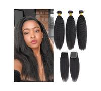 Tissage Mèches de cheveux humains crépus et lisses avec dentelle 4×4, naissance de cheveux naturelle pré-épilée Utilisation quotidienne(14 16 18 Closure12)