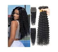Tissage Naturel Cheveux Lot de 3 mèches de cheveux brésiliens vierges ondulés avec fermeture en dentelle 4x4, pré-épilés avec des cheveux de bébé. Hair Extension(20 20 20 Closure18)