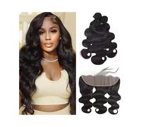 Tissage Tissage brésilien Remy naturel Body Wave, lot de 3 mèches avec frontal en dentelle transparente 13x4 Utilisation quotidienne(16 18 20 Closure 14)