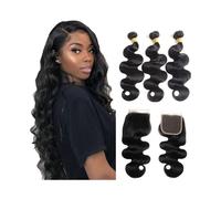 Tissage Tissage brésilien Remy ondulé avec fermeture en cheveux humains, lot de 3, avec raie libre 10x10, dentelle suisse, couleur naturelle Utilisation quotidienne(14 16 18 Closure 12)