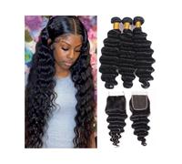 Tissage Tissage de cheveux humains avec fermeture Tissage de cheveux Loose Deep Wave Tissage de cheveux brésiliens avec fermeture en dentelle suisse 4×4 Tissage Cheveux Humain(16+18+20+Closure14)