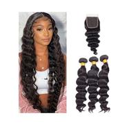 Tissage Tissage en lot Loose Deep Wave avec fermeture en cheveux humains péruviens noirs naturels avec fermeture en dentelle suisse 4×4 Utilisation quotidienne(14+16+18+Closure 12)