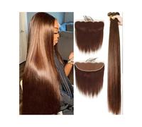 tisser des paquets Lot de 3 extensions cheveux brésiliens lisses avec frontal 45 à 76 cm, dentelle frontale 33 x 10, couleur marron n° 4(20 20 20 Closure 16)