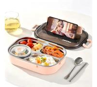 Tissting Boîte à Bento, 1,3l 4 Compartiments Portable Bonne EtanchéIté Conteneur de Salade de Déjeuner Boîte de Rangement Isolée Pour Aliments Légers Avec Couverts et Bol à Soupe(Rose)