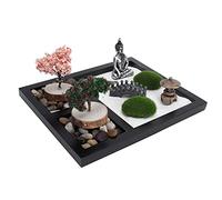 Tissting Mini Jardin Zen Table de Sable Statue de Bouddha 21.4 x 17.5 cm Kit de Bac à Sable Zen, 12 Pcs Kits D'Ornement Miniatures Style Japonais Plateau de Bureau Décoration Artisanale