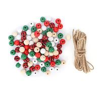 Tissting Perles en Bois de Noël DIY, 200 Pièces 5 Couleurs Décorations pour Salon de Beauté avec Corde en Chanvre, Accessoires de Décoration pour Guirlandes, Colliers et Bracelets