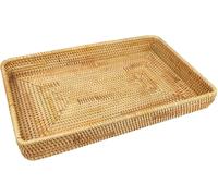 Tissting Plateau de Service en Rotin, Panier à Pain Osier Main Salle Bain Rotin Paniers Rangement Plateau de Rangement Rectangulaire Décoration pour Petit-déjeuner, Thé, Boissons(L, 14.6x9.1x2.0in)