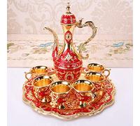 Tissting Théière en Métal Turque Vintage, Ensemble de Service à Thé avec 6 Tasses et Plateau, Décoration Rétro pour Salon ou Mariage, Artisanat d'art en Métal Rouge pour Maison