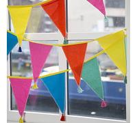 Tissu arc-en-ciel avec pompons - 3m | Triangle drapeau fanion guirlande, 100% coton, décoration pour la chambre d'enfant, décorations de fête d'anniversaire intérieur extérieur, festival