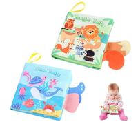 Tissu Bébé Eveil 0 3 6 Mois, 2 Pièces Livre Bebe en Tissu Dou, Livre Tissu Bébé Livre Sensoriel, Jouet Educatif Book, Jouets Doux 3D Animaux Tails, Jouet de Poussette pour Bebe 0-18 Mois