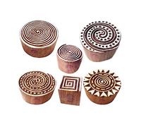 Tissu Bois Timbre Indien Swirl Rond Forme Imprimer Blocs (Set de 6)