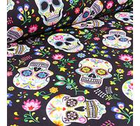 Tissu Burlington Têtes de morts colorées sur fond Noir - Par 50 cm