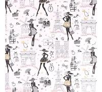 Tissu Coton imprimé Arty Moi Paris Noir, doré et rose sur fond Ecru - Par 50 cm