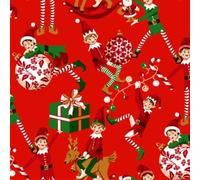 Tissu Coton imprimé Lutin de Noël sur fond Rouge - Par 50 cm