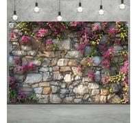 Tissu de Fond de Mur en Pierre Floral de Printemps et d'été fleurissant sur des Murs de Briques Anciens, adapté à la décoration d'événements 240cmx180cm