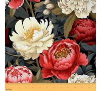 Tissu de Pivoine Tissus Au Metre,Tissu de Décor de Maison Imperméable de Fleur de Plante,Feuille de Fleur Tissu Intérieur Extérieur,Tissu de Décor de Jardin de Printemps,Vert Rouge Blanc,184x150 (HxB)