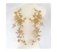 Tissu Dentelle 1 paire/33 x 13,5 cm, appliques en dentelle pailletée à fleurs dorées, broderie perlée et sequins, patch de couture for corsage, décoration de robe