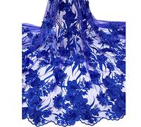 Tissu en dentelle française 3D avec broderie en tulle africain avec perles pour robe de soirée de mariage (bleu roi)