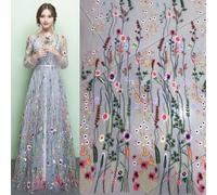 Tissu en dentelle pour mariage avec un beau motif de broderie de fleurs (gris)