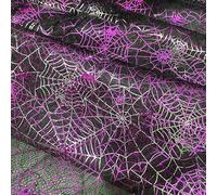 Tissu en tulle pour Halloween - Tissu en dentelle colorée à paillettes - Vendu au mètre - Maille gaufrée à chaud - Paillettes - Pour vêtements - 150 cm de large - Petite araignée - Noir et violet - 10