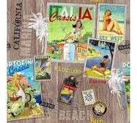 Tissu imprimé carte postale magazine vintage - Dolce Vita Retro Global Travel Motifs Pin Up Girl - Artisanat et décoration d'intérieur - Key West, Italie, Portofino, Californie, 140 cm de large (1